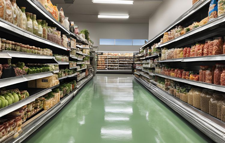 Close-up of durable epoxy flooring in a grocery store aisle