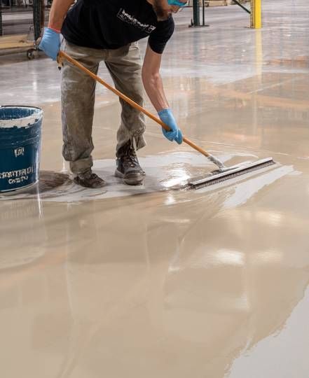 installer spreading epoxy on warehouse concrete floor