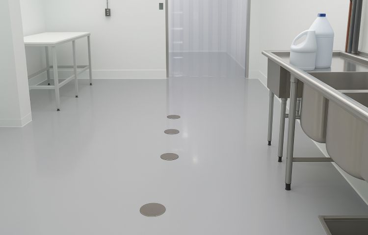 solid color epoxy flooring inside a commercial walk-in cooler
