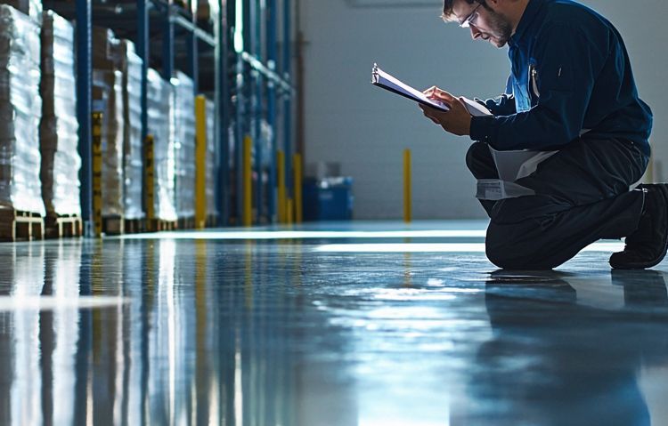 technician inspecting an epoxy-coated warehouse floor