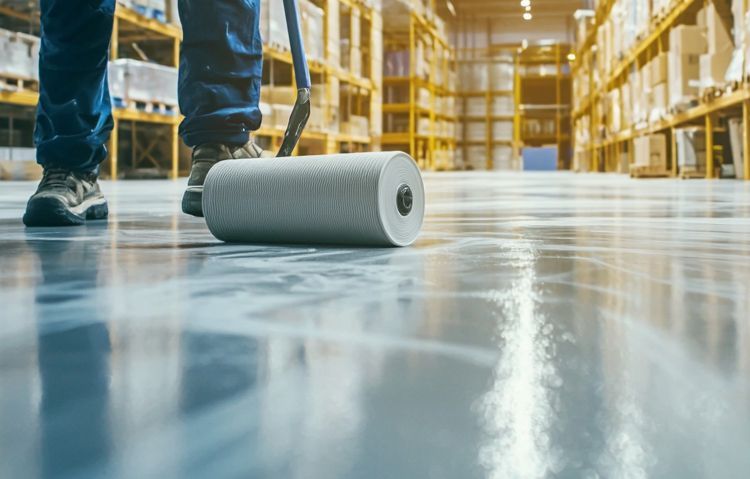 worker applying moisture-resistant epoxy coating to warehouse floor