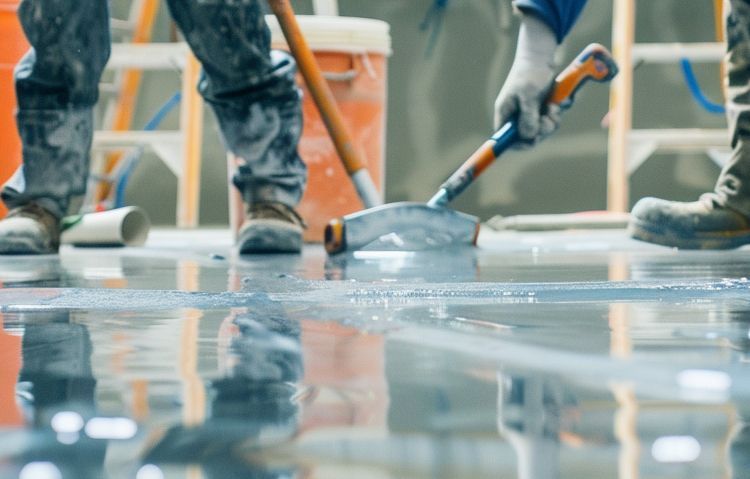 workers applying epoxy flooring