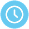 A blue circle with a white clock inside of it.