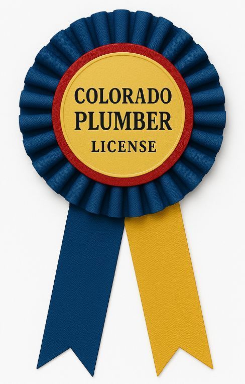 Colorado plumber license badge, blue rosette, yellow and red accents.