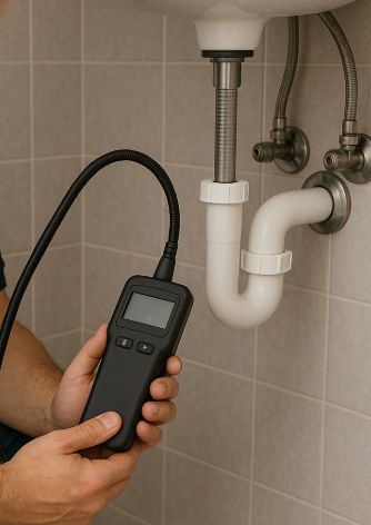 A person inspects a sink's plumbing with a digital inspection camera.