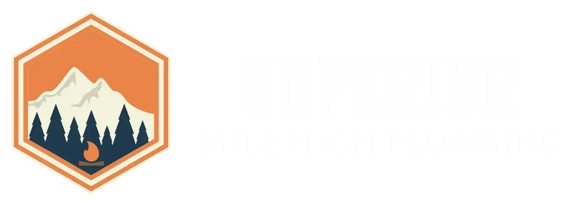 Hexagon logo with mountains, trees, and campfire in orange and blue. Company name is white.