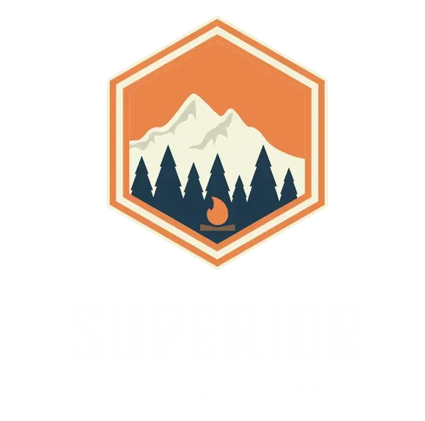 Hexagon logo with mountains, trees, and campfire in orange and blue.