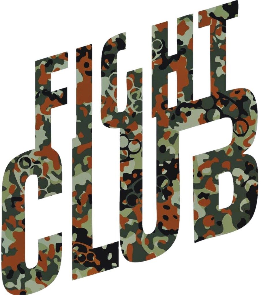 Fight Club logo with camouflage fill, text angled.