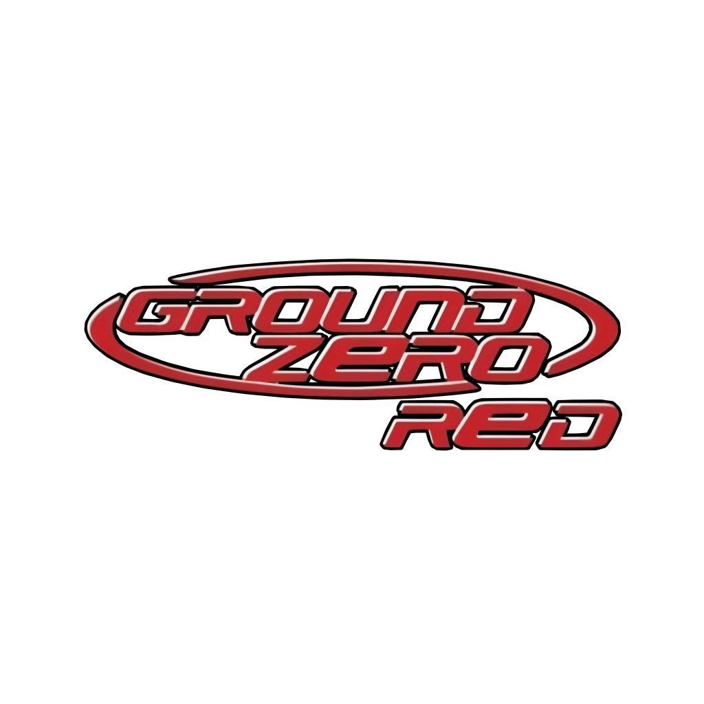 Ground Zero Red logo, red text, black outline, curved red design element.