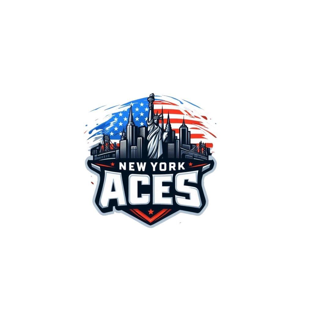 Logo: New York Aces with NYC skyline, Statue of Liberty, and American flag background.