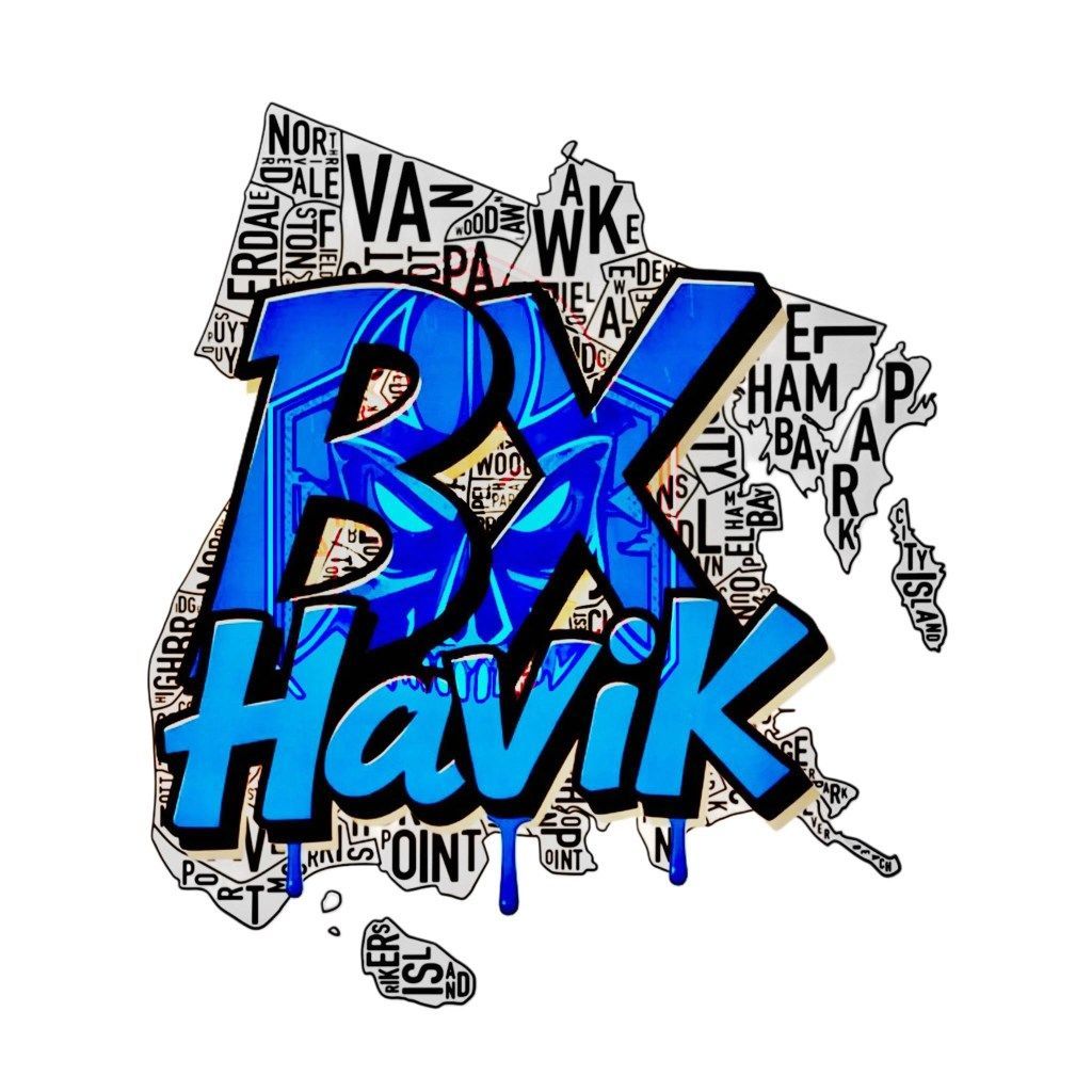Logo for RX Havik. Blue graffiti-style text on a white and black background. Outline is a map filled with text.