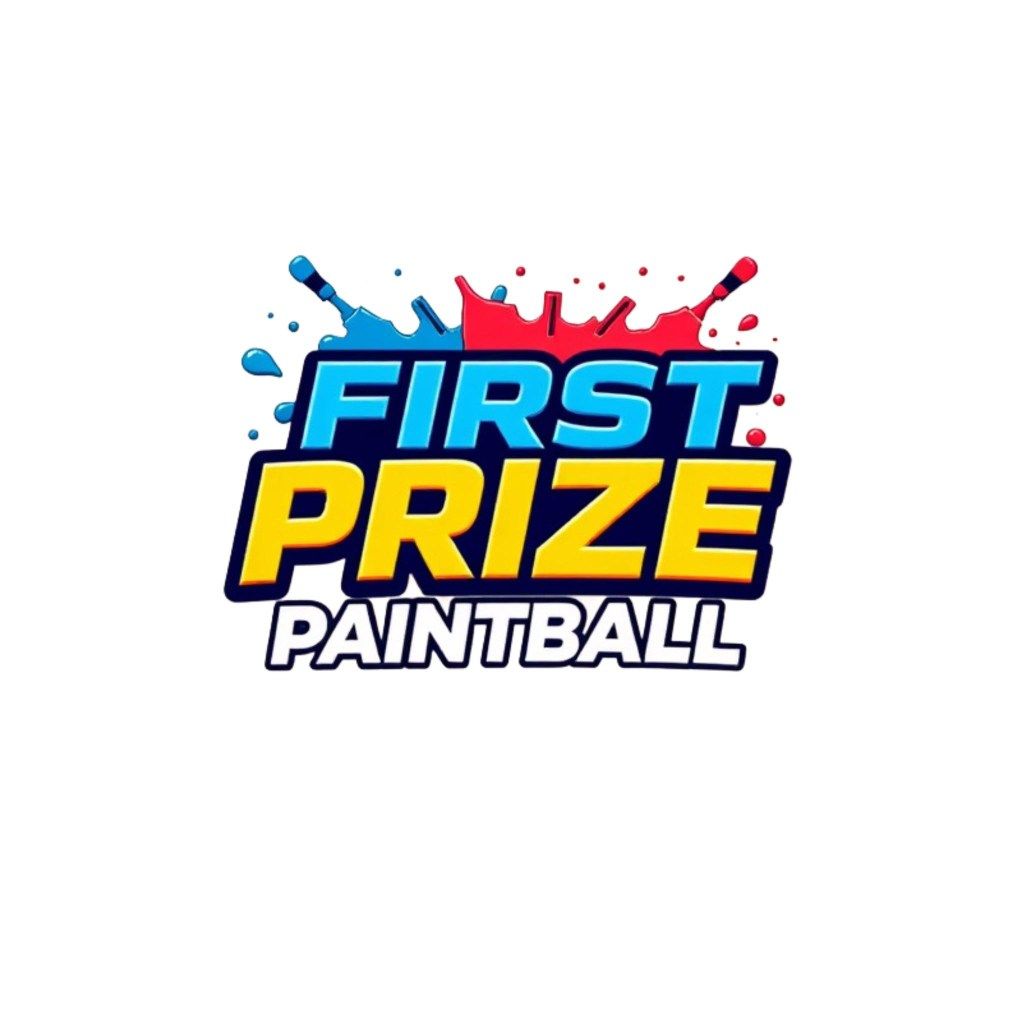 Logo for First Prize Paintball: text with blue and yellow font, red and blue paint splashes.