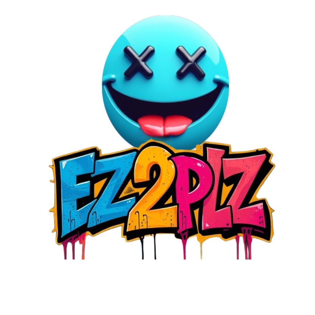 Blue smiley face with crossed-out eyes and tongue, above graffiti-style 