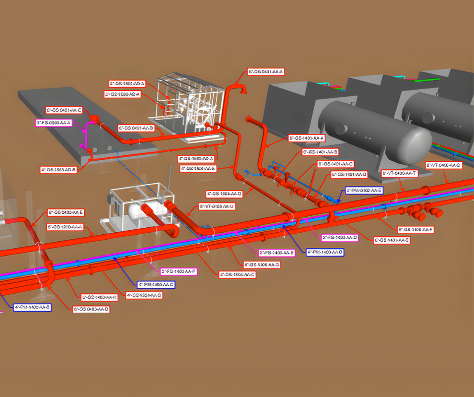 3D CAD model of an industrial facility featuring red piping, large storage tanks, and various labeled equipment components.