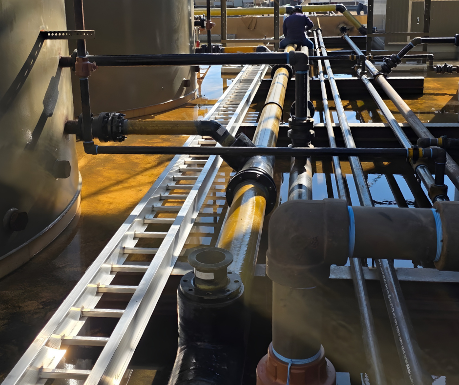An elevated view of industrial piping, a metal ladder, and tanks on a wet surface with a person working in the background.