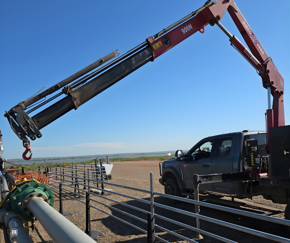 A red crane truck parked at an outdoor industrial site, its boom extended over pipes and metal fencing under a blue sky.