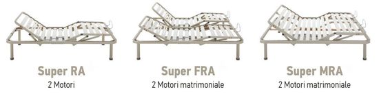 Tre modelli di letti ospedalieri visti di profilo, denominati Super RA, Super FRA e Super MRA.