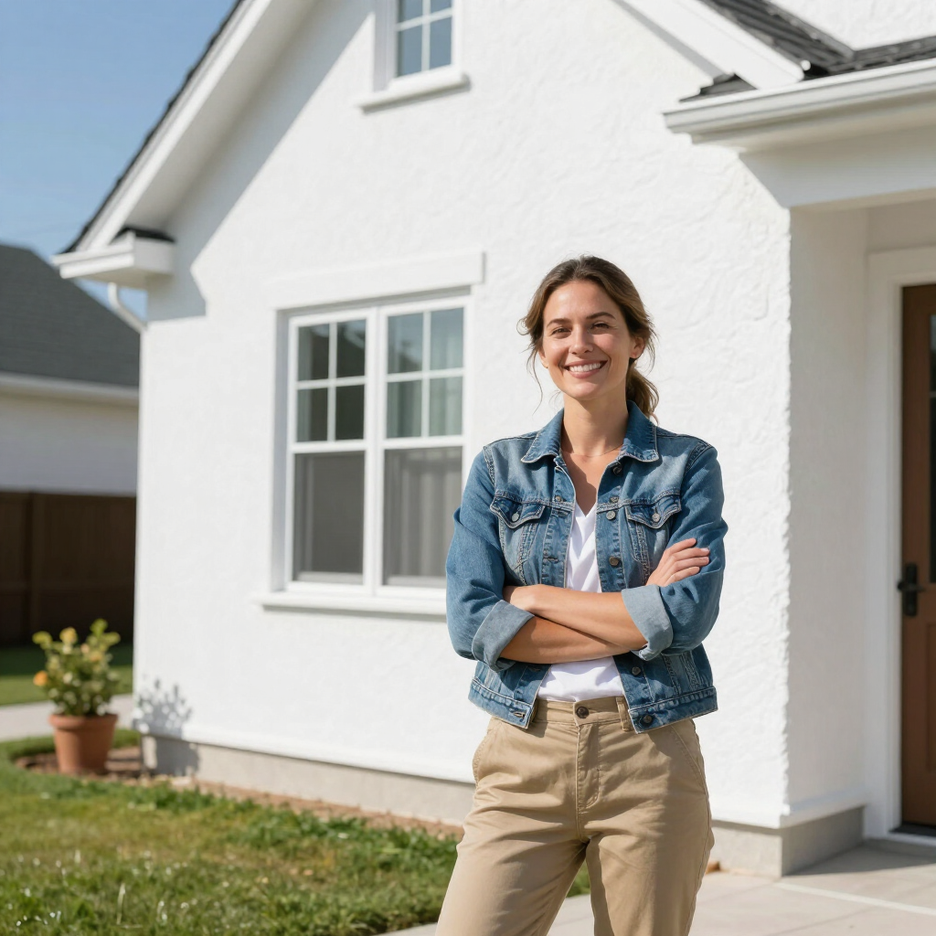 Vrouw staat met haar armen over elkaar voor een wit huis, gekleed in een spijkerjasje en een beige broek.