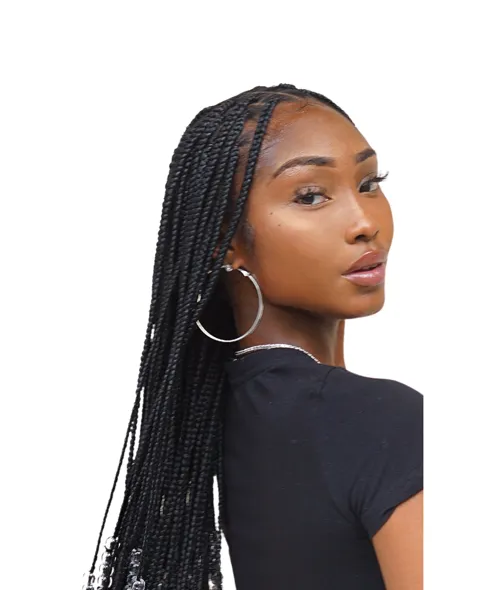 A woman with braids and hoop earrings is wearing a black shirt