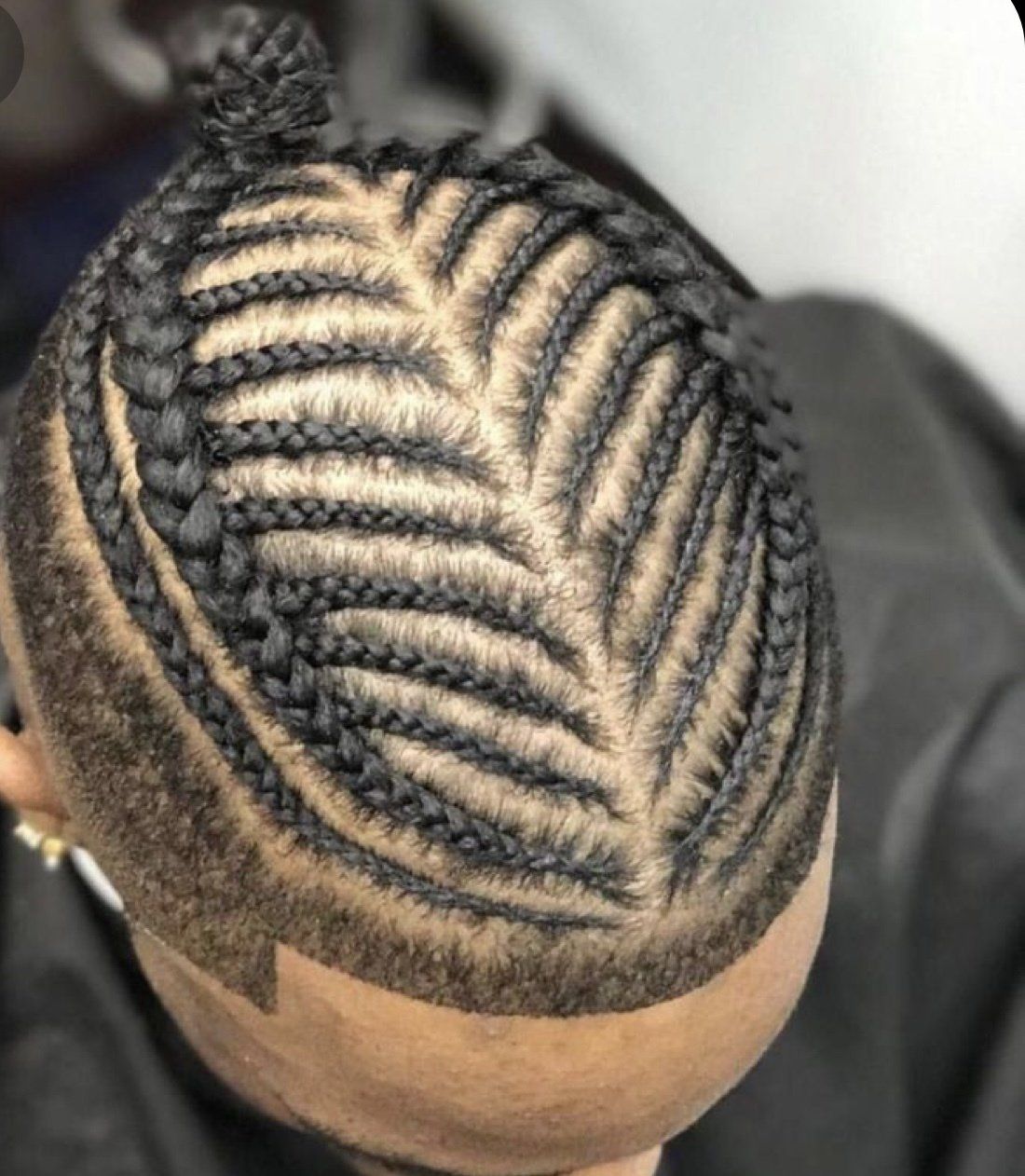 A close up of a person 's head with braids and a bun.