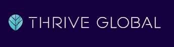 The logo for thrive global has a blue leaf on it.