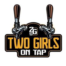 A logo for two girls on tap with two beer taps.