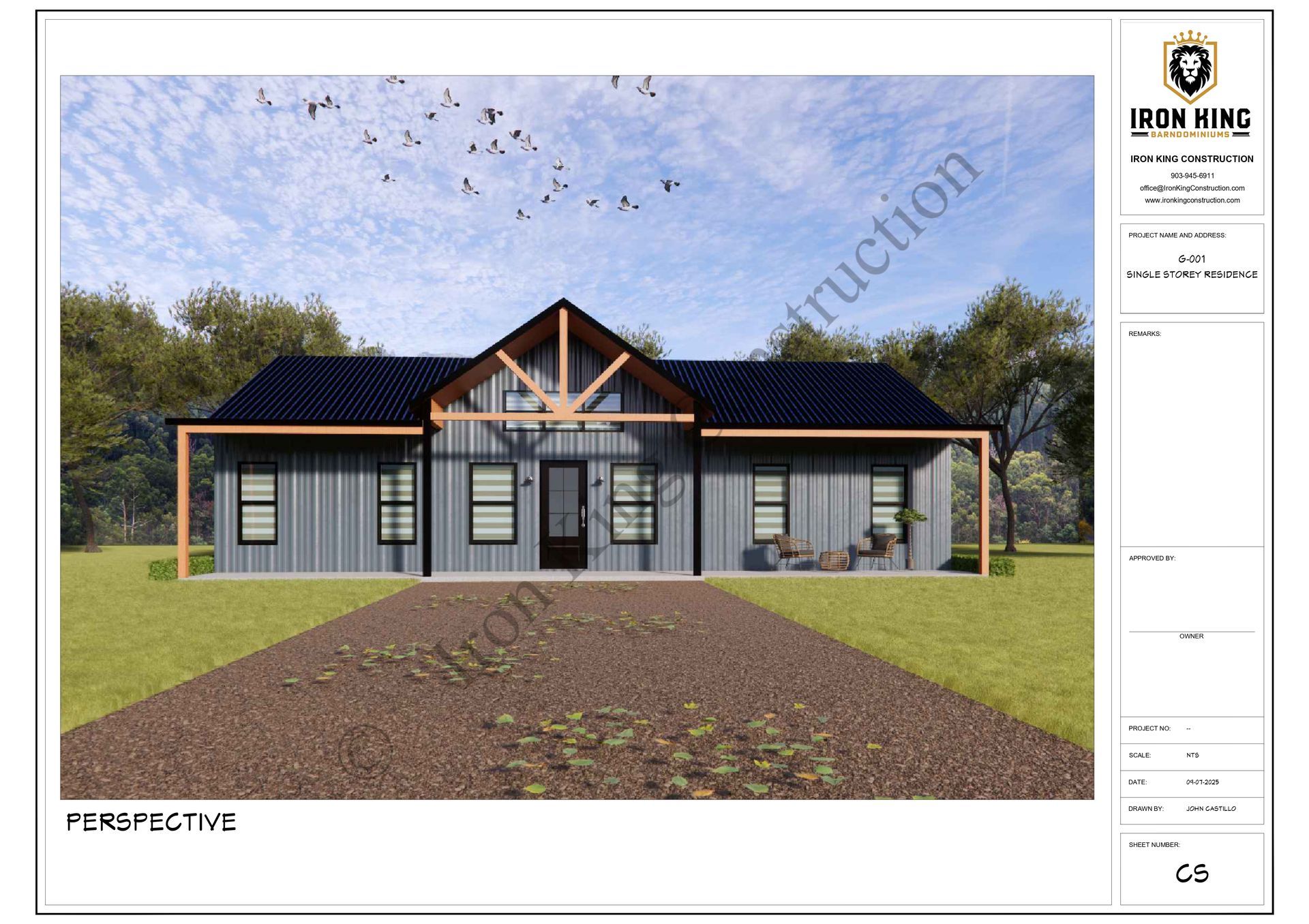 A house rendering with a dark roof, grey siding, and brown porch supports, set on a grassy plot with a gravel driveway.
