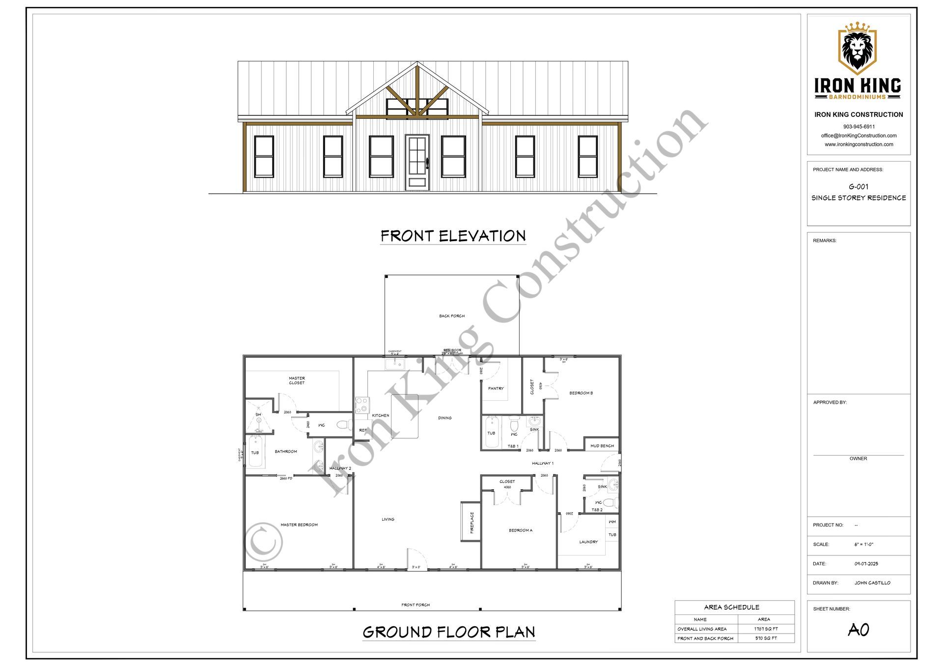 Architectural drawing showing front elevation and ground floor plan of a house.