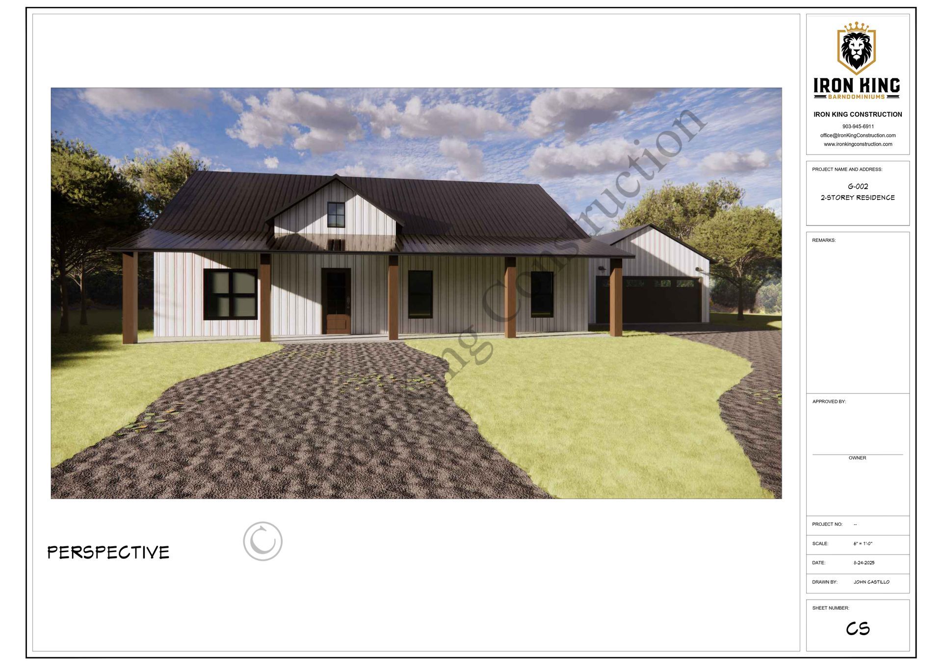 Architectural rendering of a modern farmhouse with a dark roof, white siding, and a gravel driveway.