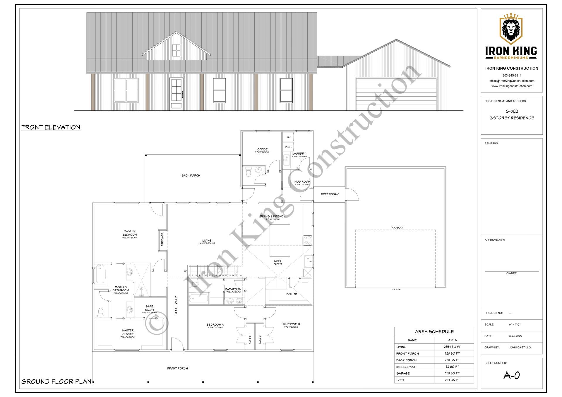 A house rendering with a dark roof, grey siding, and brown porch supports, set on a grassy plot with a gravel driveway.