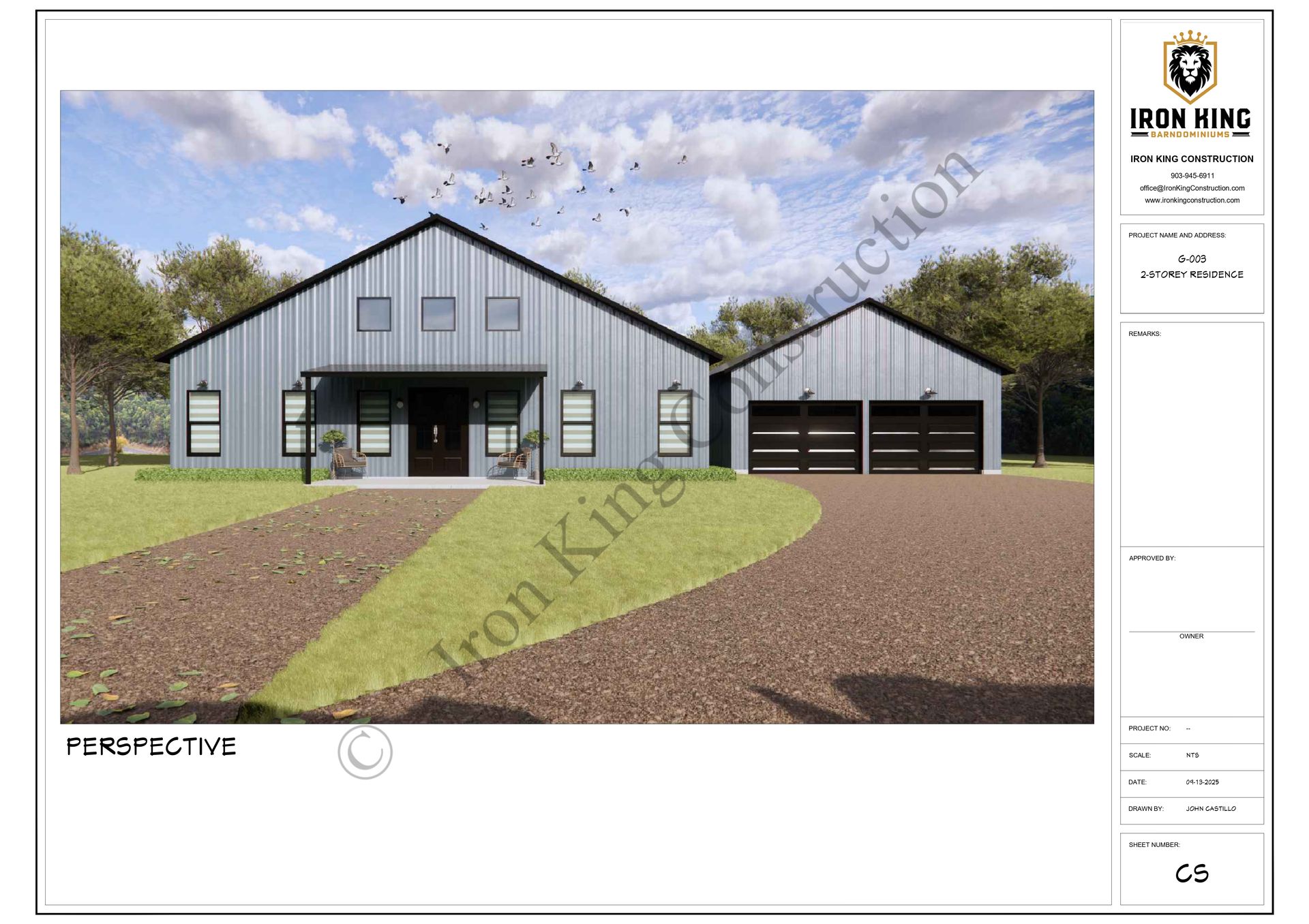 Exterior rendering of a modern farmhouse with a metal roof, gravel driveway, and garage.