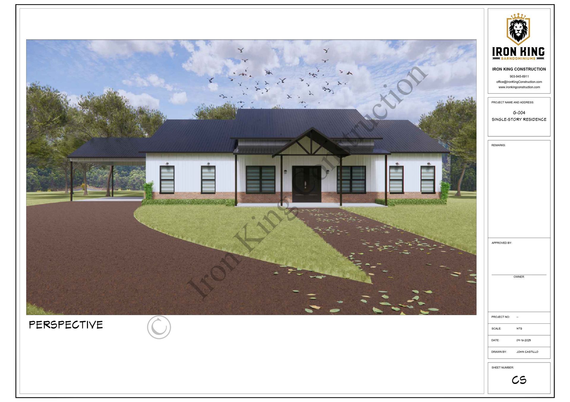 Architectural rendering of a white house with a black roof and porch, brown driveway, and surrounding greenery.