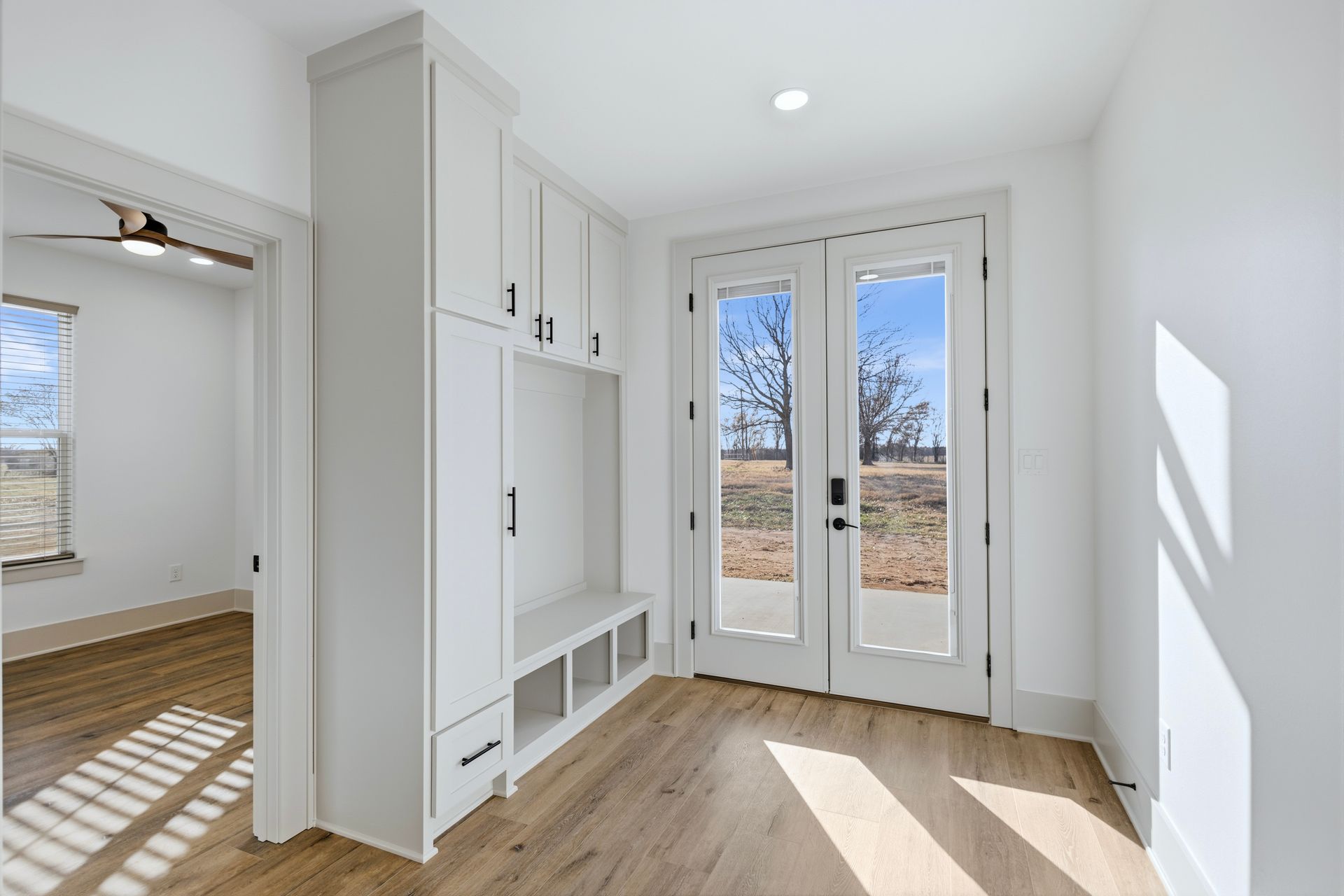 Blue built-in storage unit in a room with white walls, a door, and wood-look flooring.