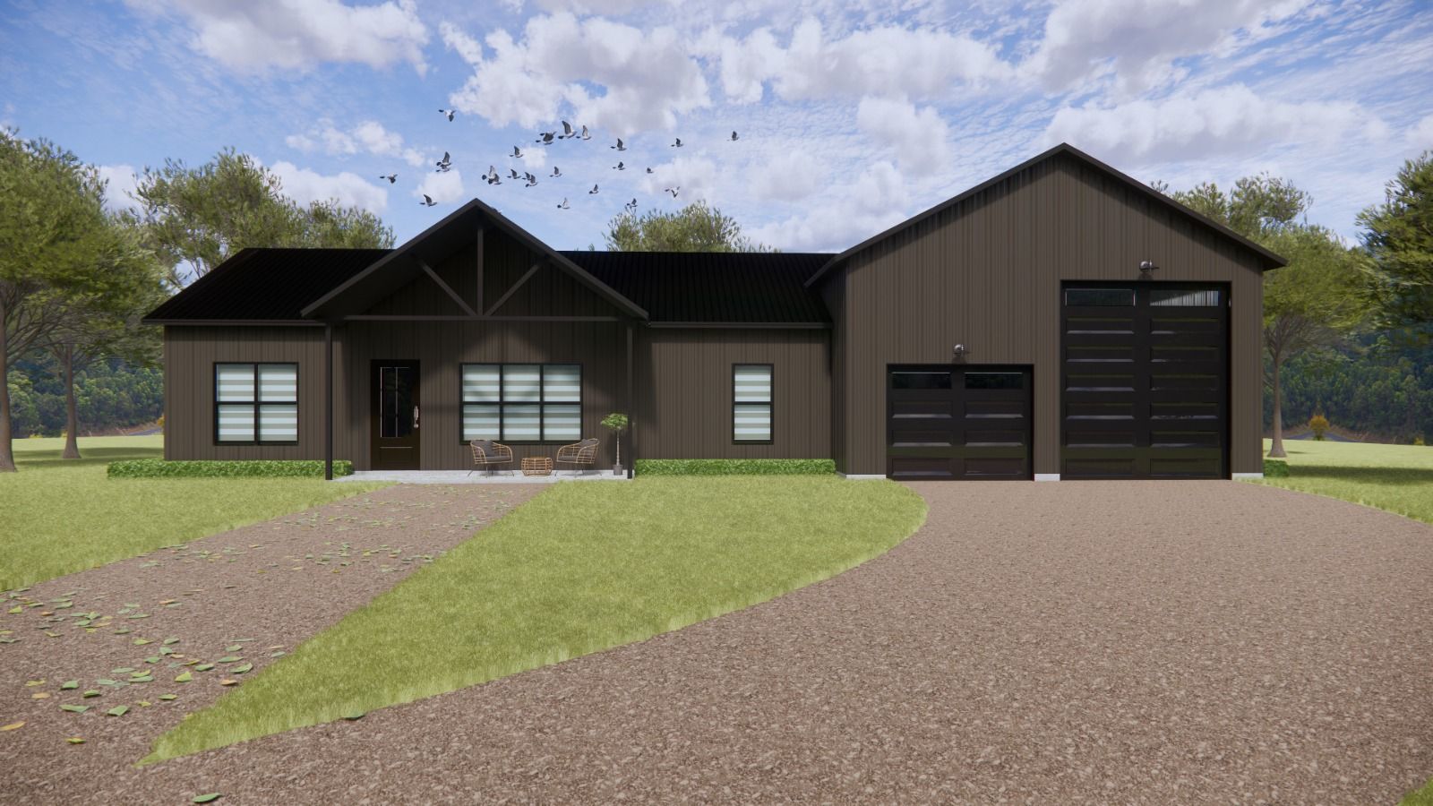 Brown modern house with a gravel driveway and garage.