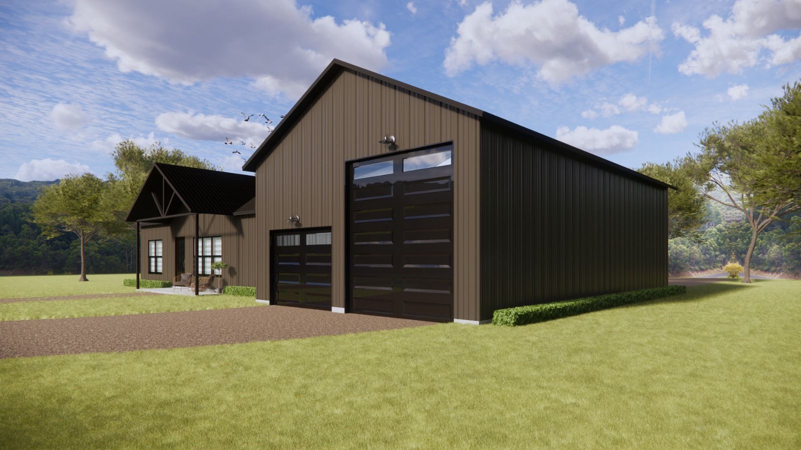 Brown barn-style home with black garage doors, set on a grassy lawn under a cloudy sky.
