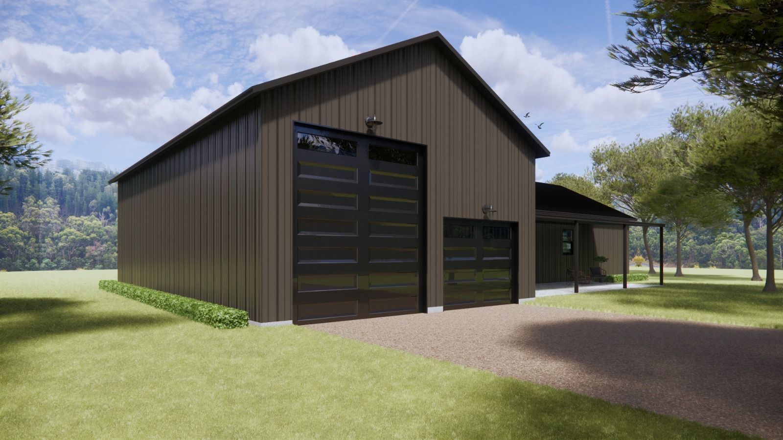 Brown barn-style house with black garage doors, on a grassy lot with trees.