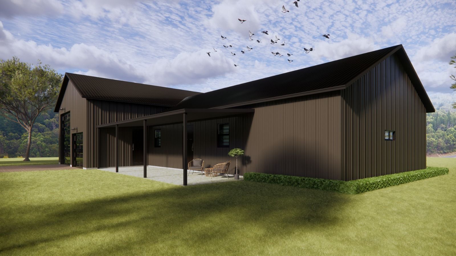 A modern brown barn-style house with a covered porch and green lawn under a bright sky.