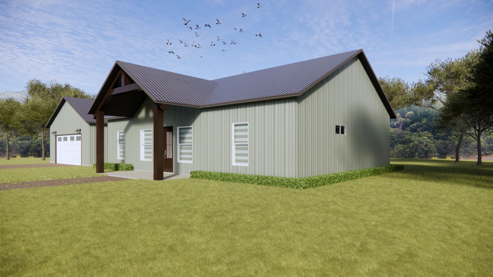 A light green house with a dark roof and exposed wood accents, set in a grassy yard with trees.