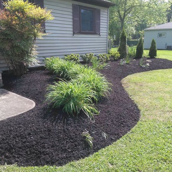 A house with a lot of plants in front of it that has fresh mulch
