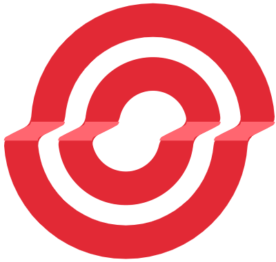 Red and white circular logo with a stylized center and horizontal line through the middle