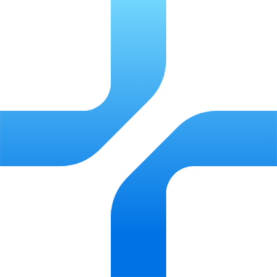 Blue abstract icon of intersecting rounded lines forming a stylized cross shape