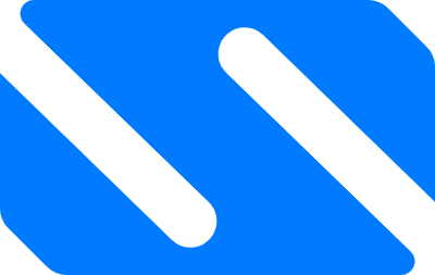 Blue geometric logo with two white diagonal bars on a white background
