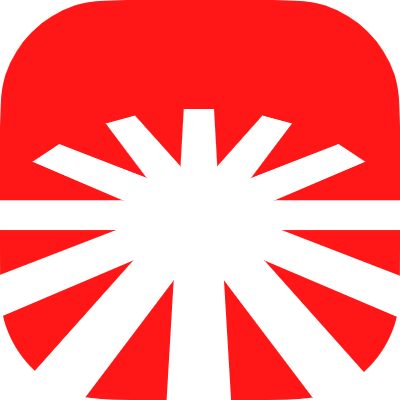 Red rounded-square app icon with a white starburst centered on a red background