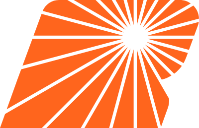 Orange abstract geometric logo with white radial lines and a central white circle