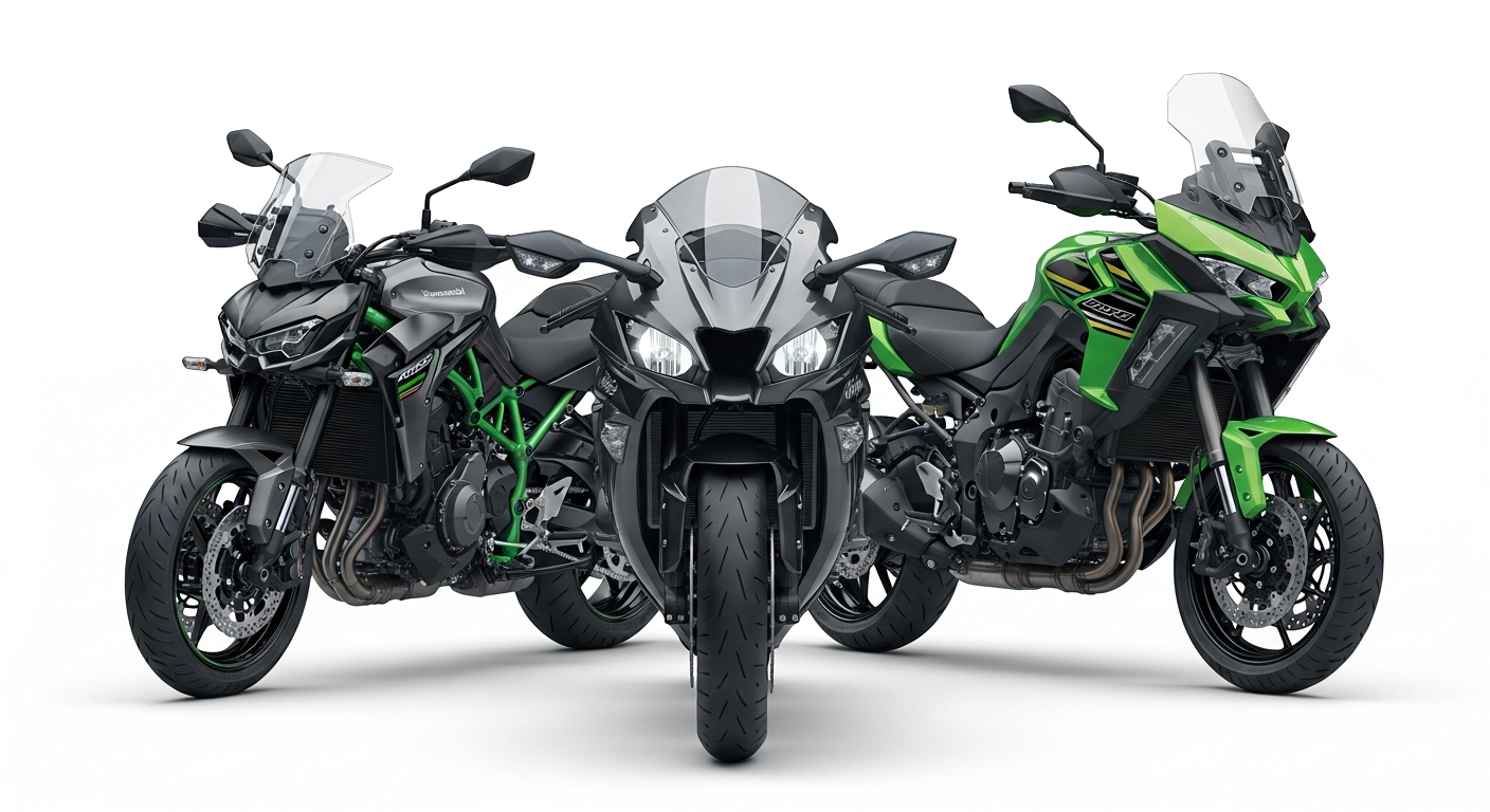 Três motocicletas Kawasaki: preta, uma esportiva cinza e uma adventure verde, sobre um fundo branco.