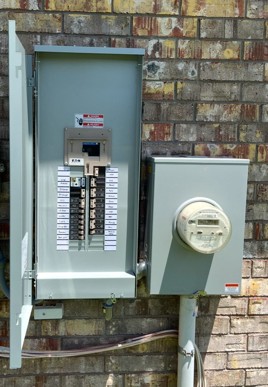 A brick wall with a electrical box and a meter on it