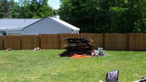 Pile of fencing parts during a fence installation