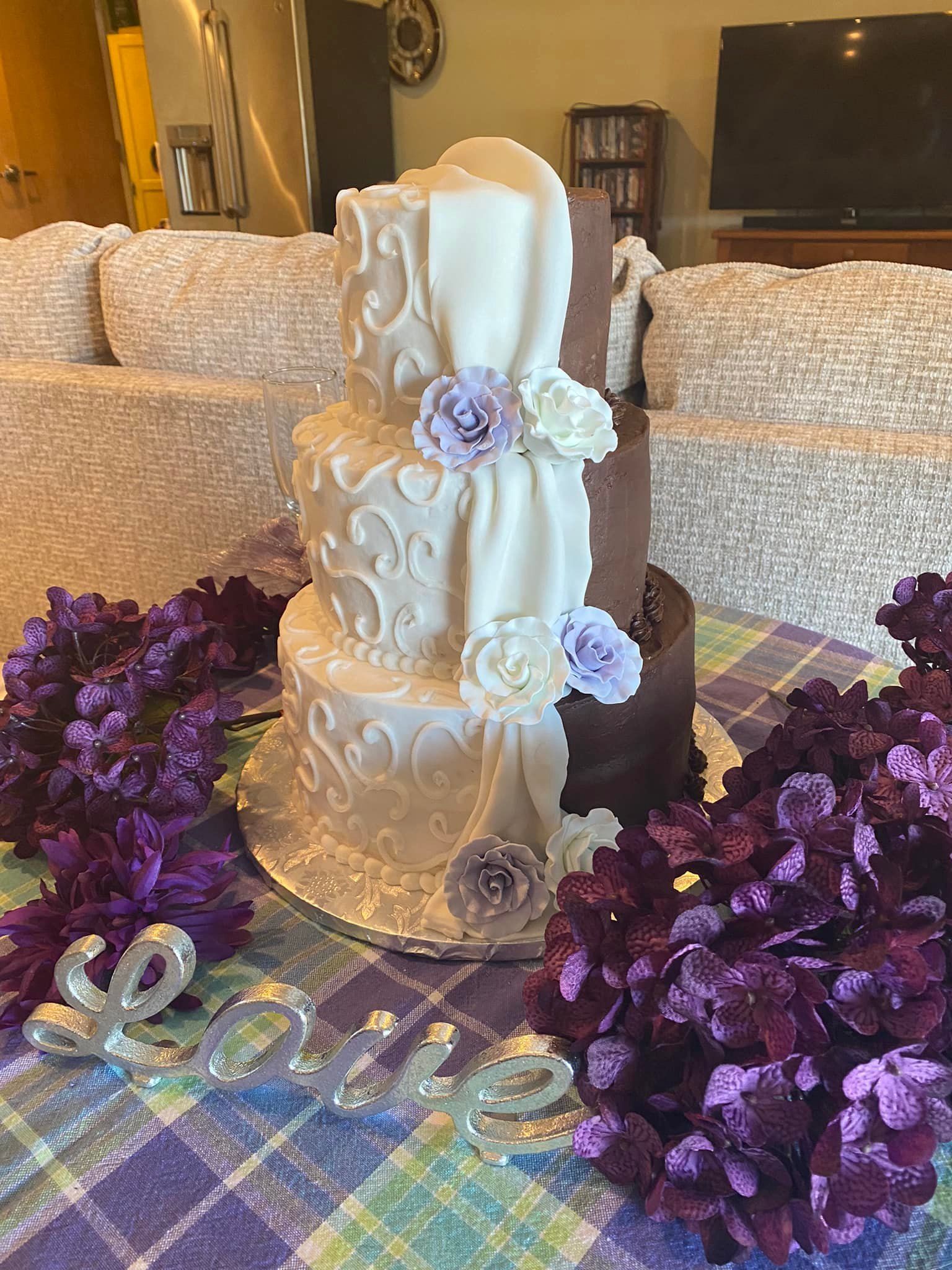 white and lavender wedding cake