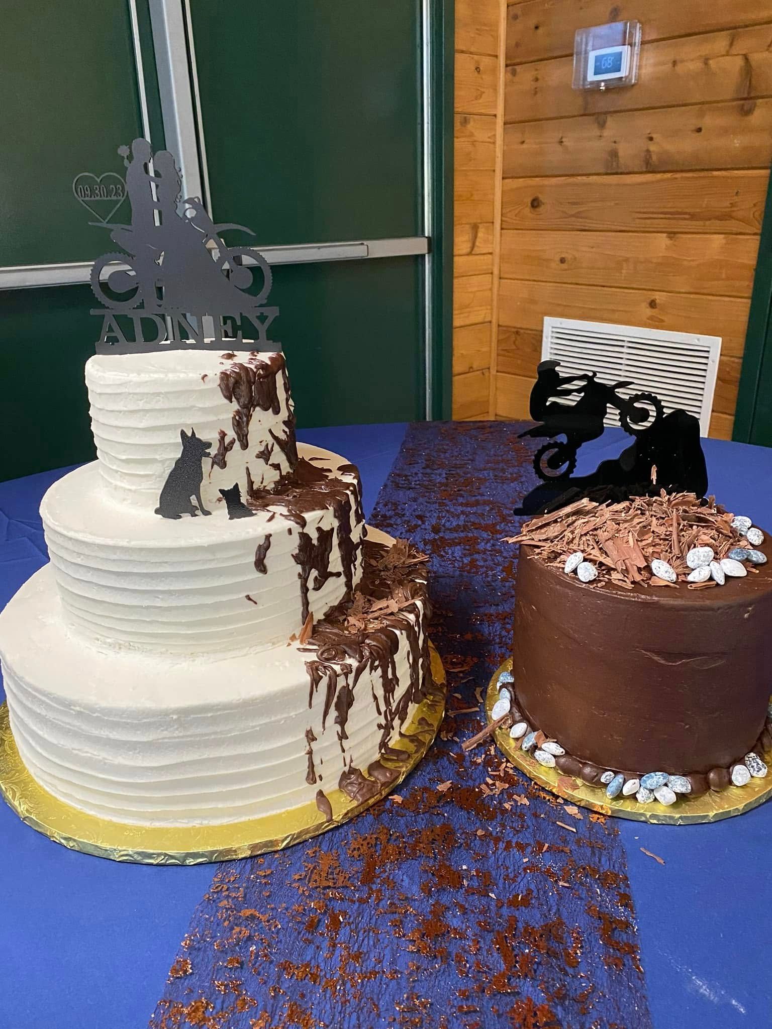 dirt bike themed wedding cake and groom's cake