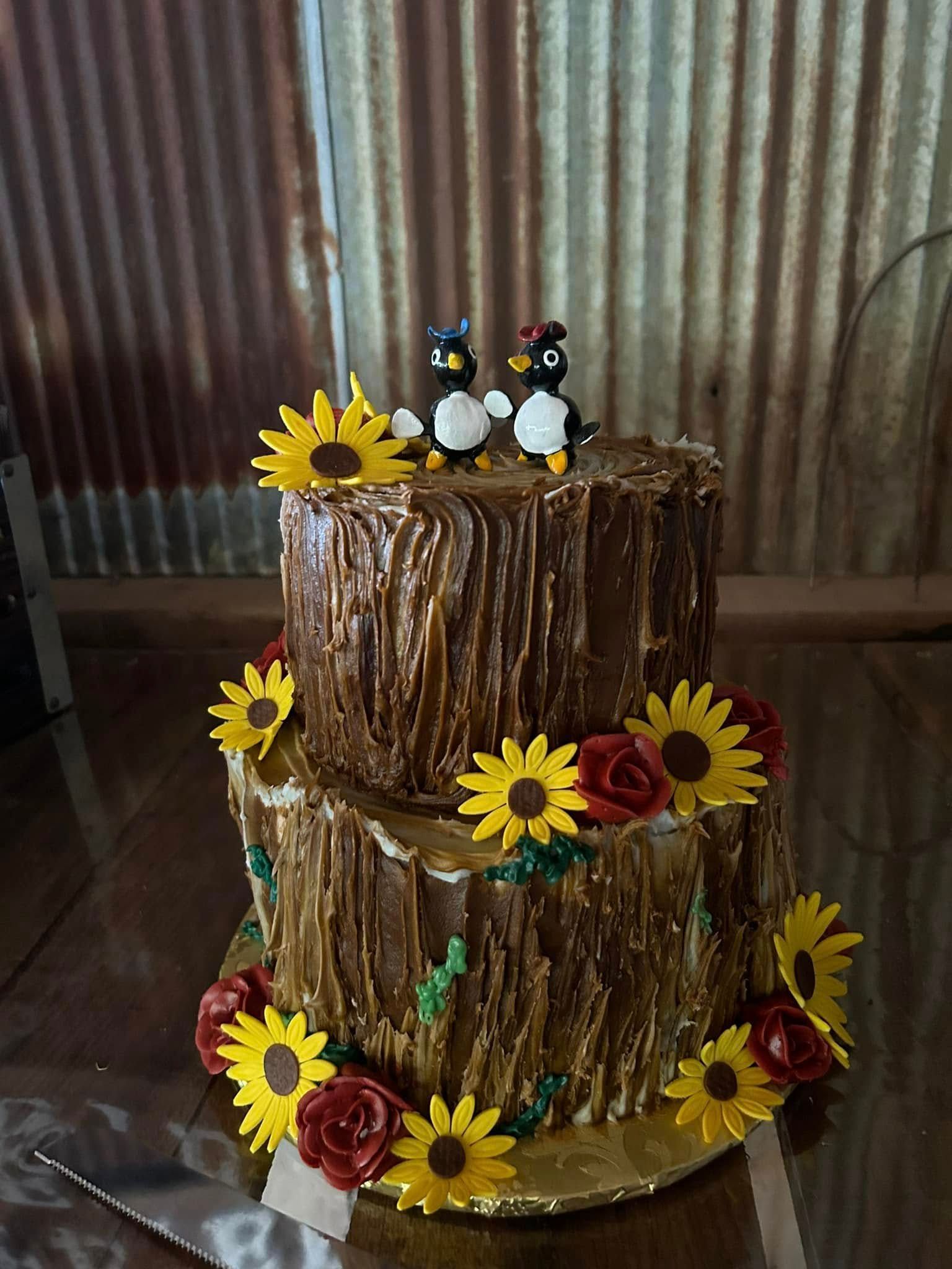 rustic cake with birds and flowers
